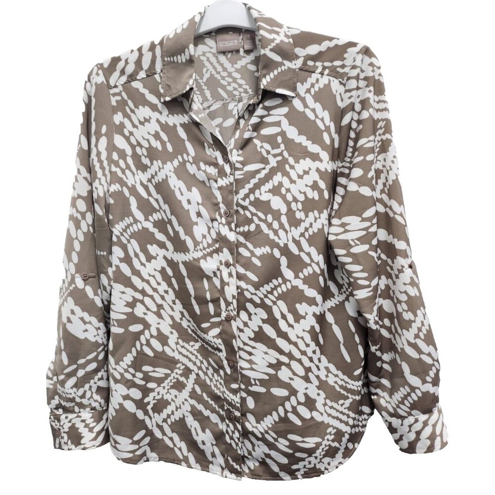 Chicos Womensโ Wearable Art Top Medium Brown Dot Frenzy Long Sleeve Button Front